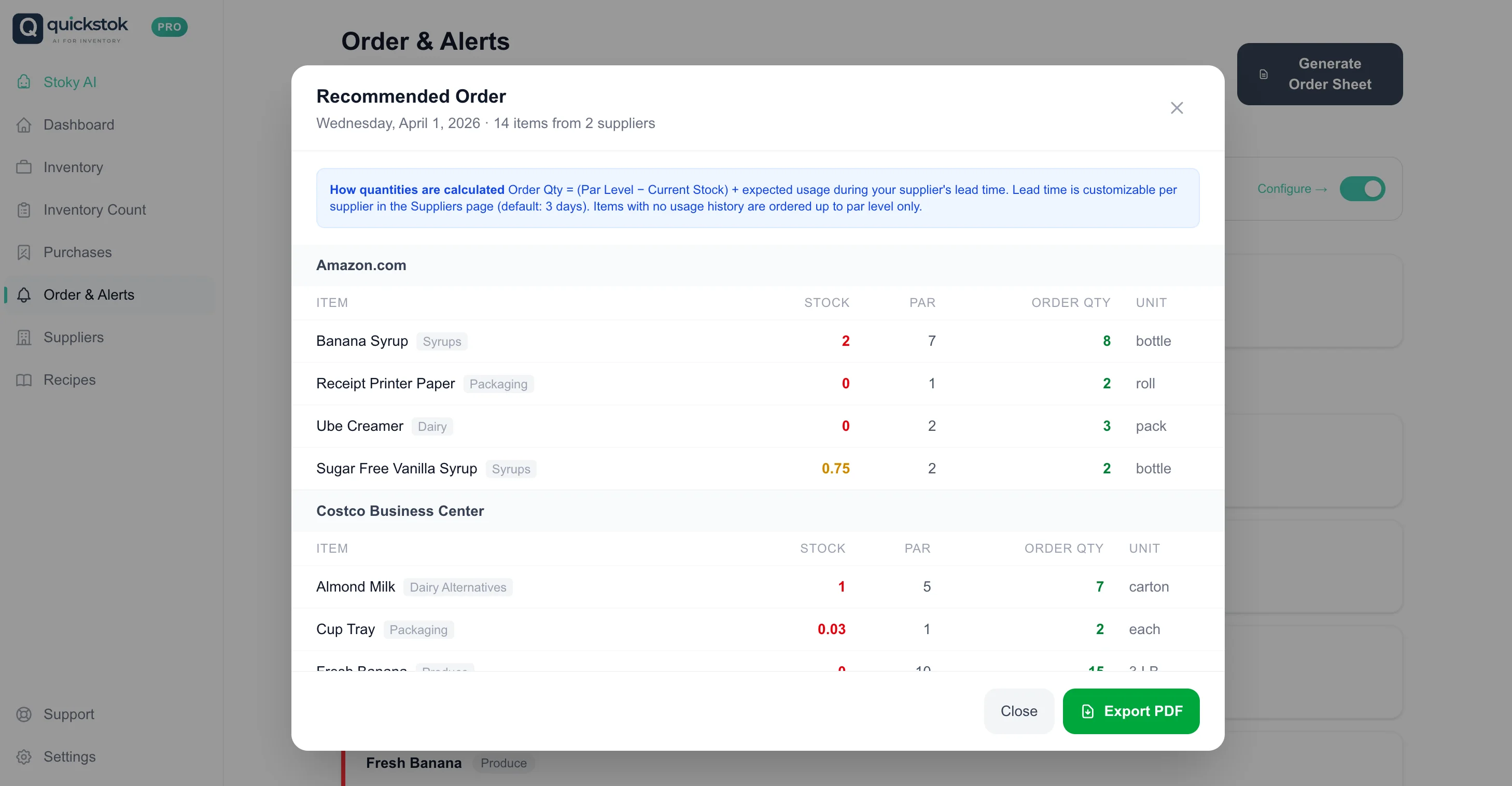 Generated order sheet