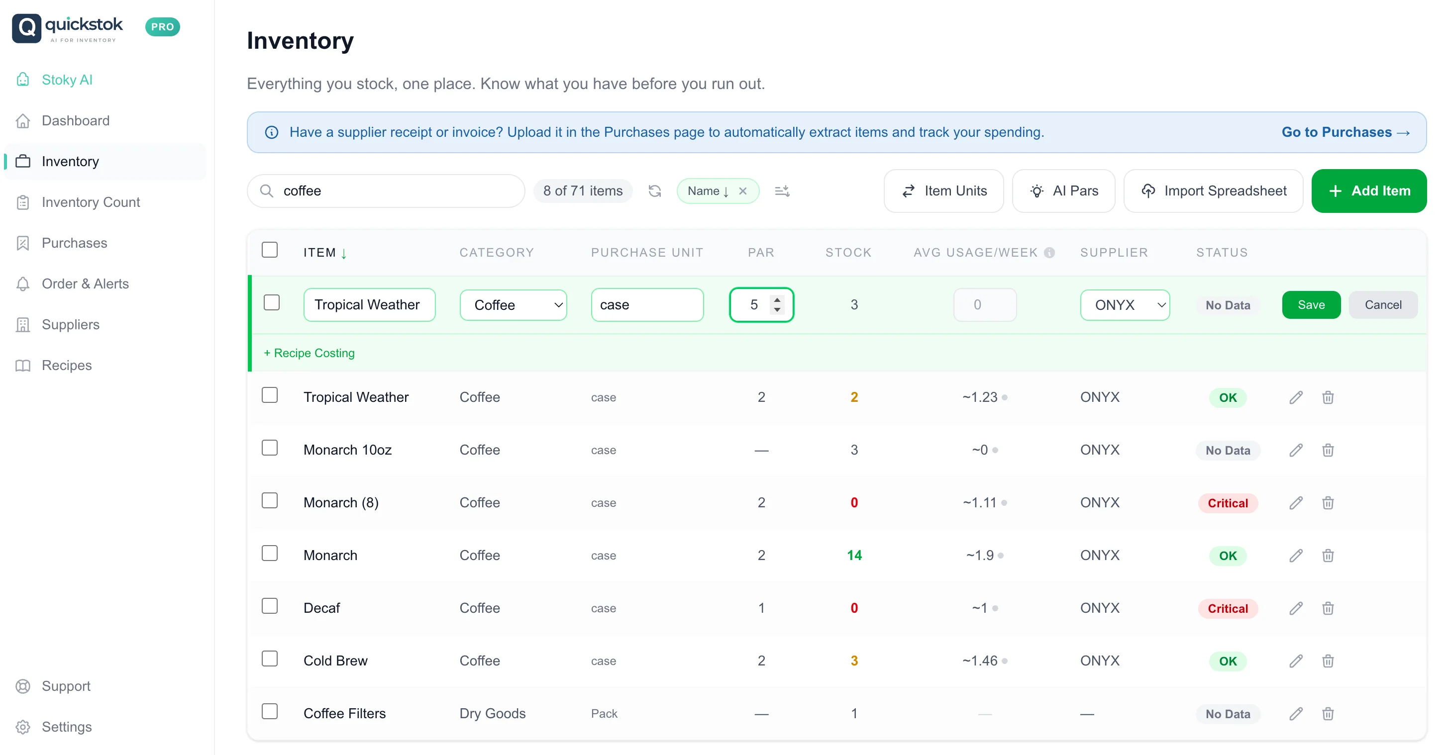 Par level settings in inventory