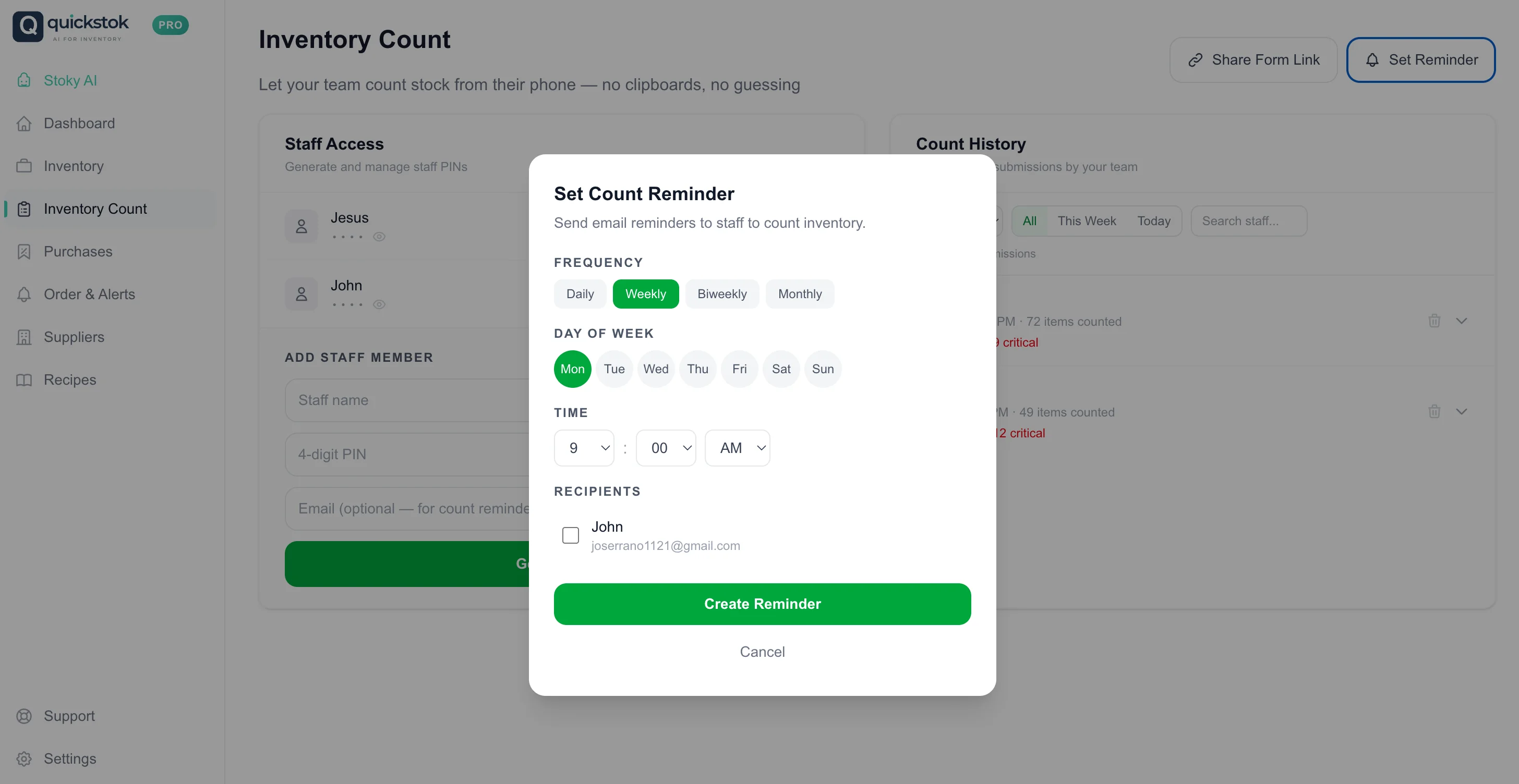 Count reminder settings